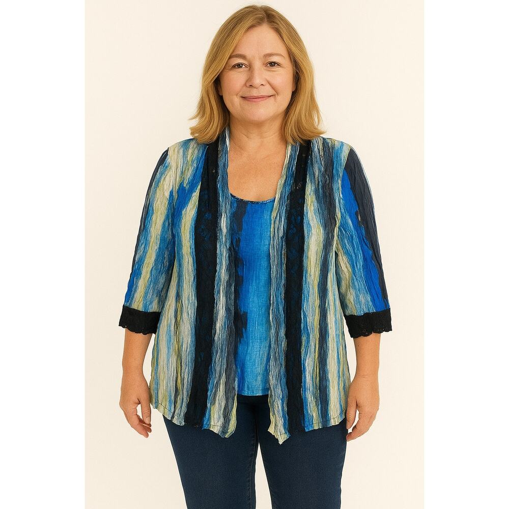 Alberto Makali Blue Black Colorful Beaded 3/4 Sleeve Lightweight Blouse Size M